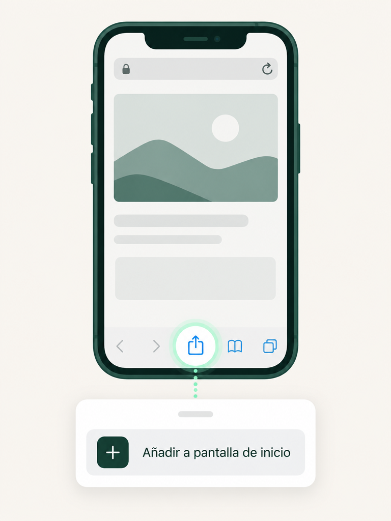 Ilustración de Safari en iPhone con el botón Compartir y la opción Añadir a pantalla de inicio